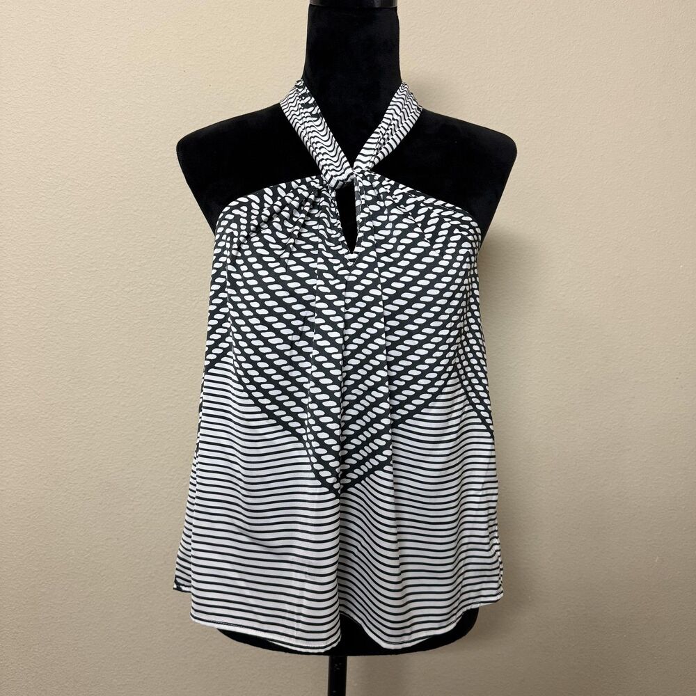 Banana Republic Shirt Womens Petite Small Black White Halter Keyhole Stripe Dot